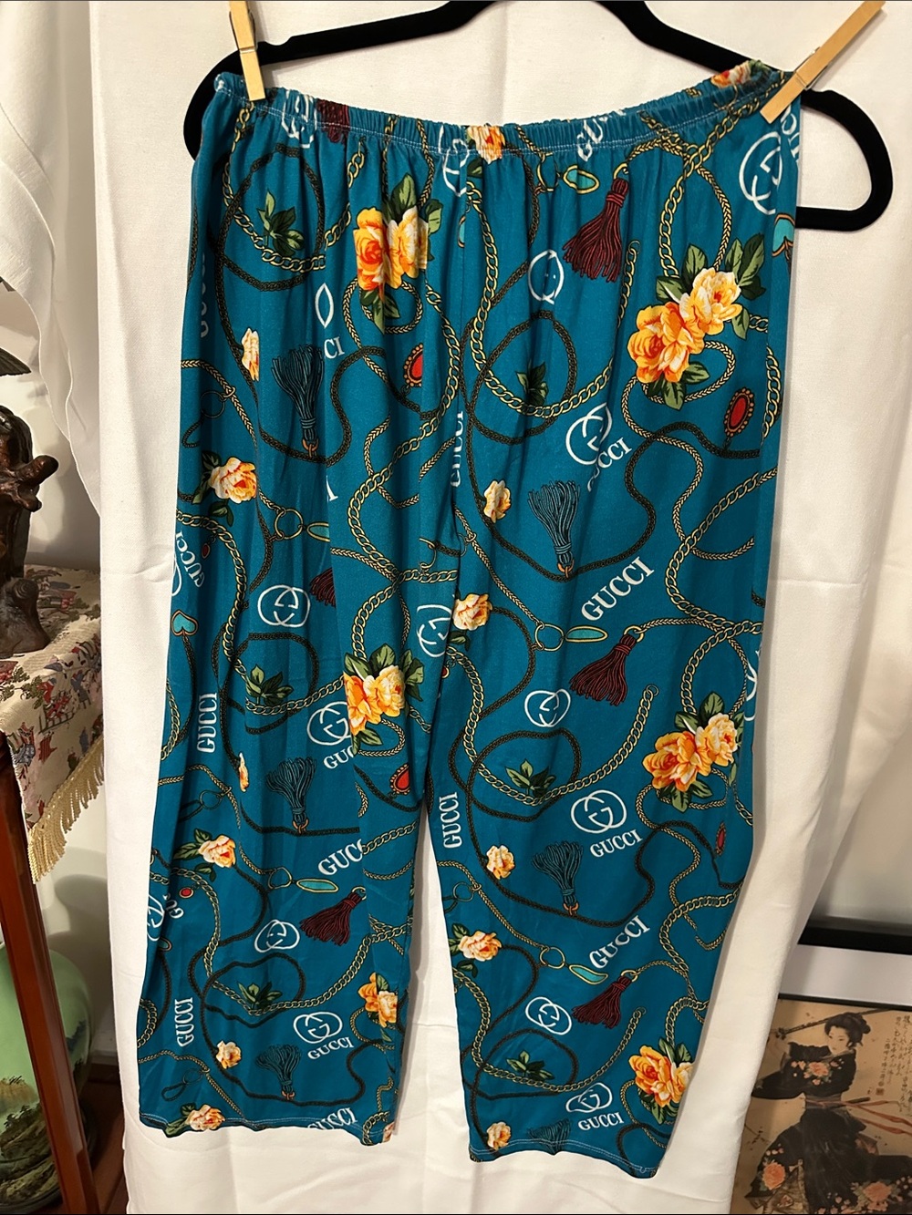 No Label Teal Floral & Chain-Print Wide Leg casual pajama Pants/ loungewear